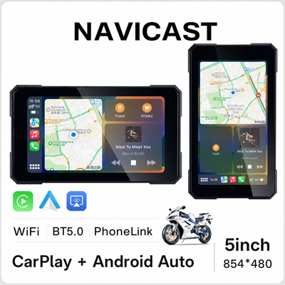EKIY-Navicast 5.0 inch Wireless CarPlay Moto Android Auto Portable Digital Motorcycle Dashboard GPS Navigation Removable Display Screen